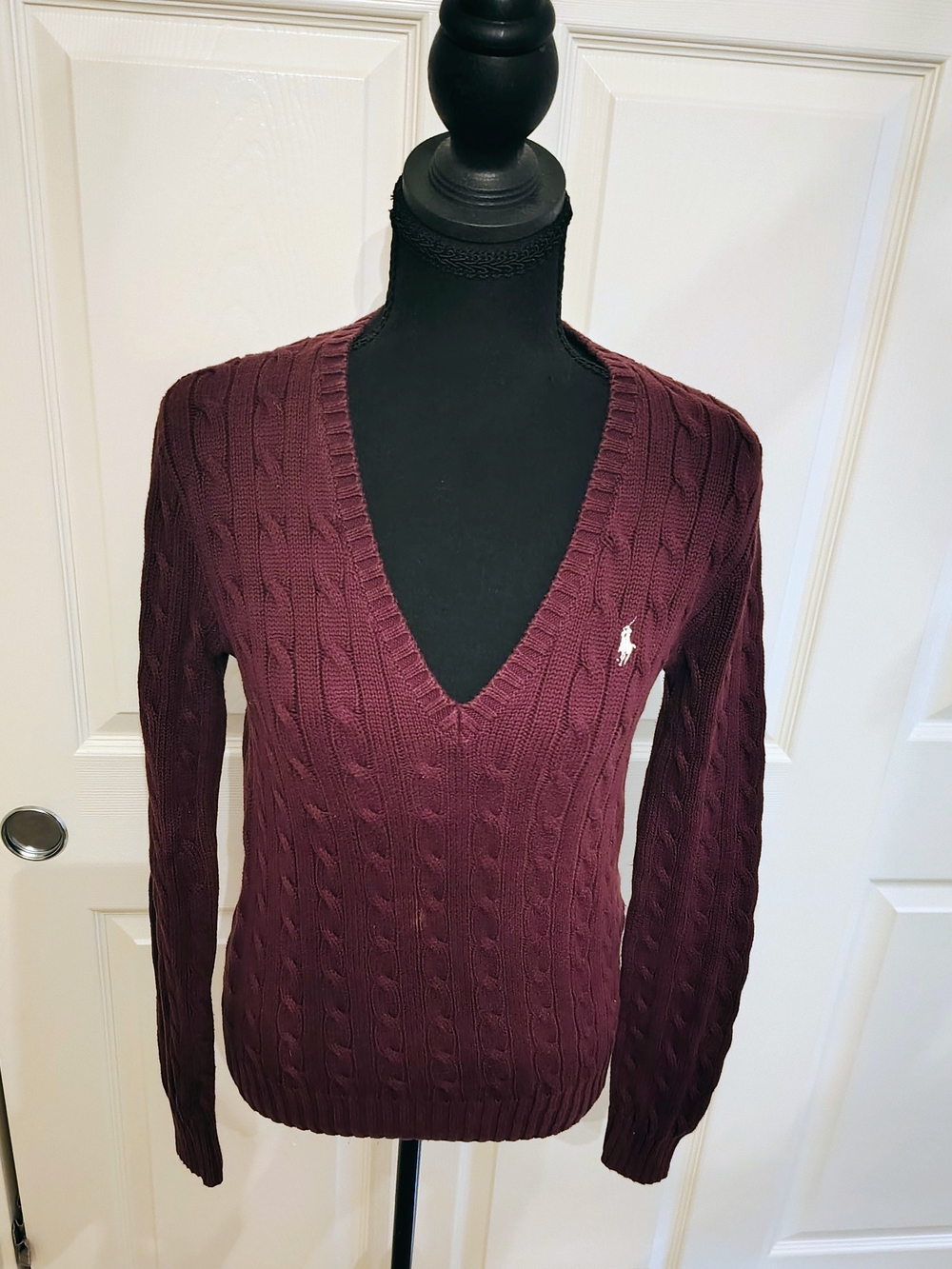 Ralph Lauren Sport Cable-Knit V-Neck Sweater in Maroon